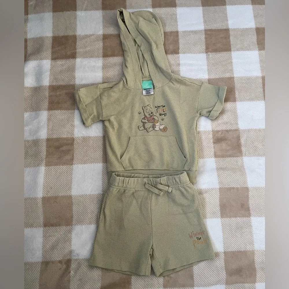 Disney Olive Green 6-9 month Short sleeve Hoodie set with Winnie the Pooh Design